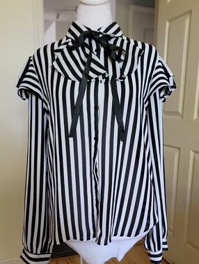 Zara Black & White Vertical-Stripe Tie-Neck Blouse